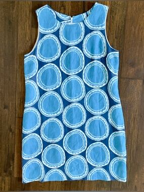 Island Company Blue White Circle Print Linen Shift Dress Sleeveless Large Resort